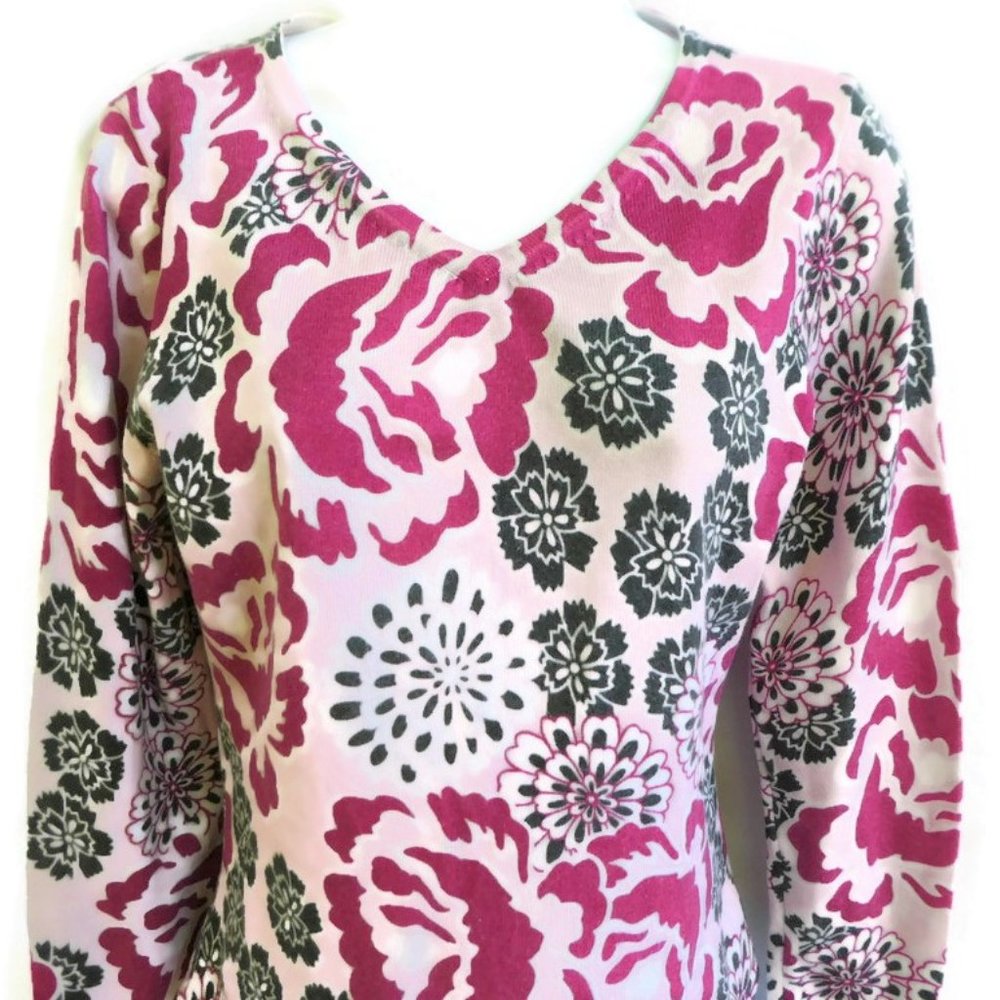 Vintage 90s Etcetera Pink Sweater V Neck Pink Abstract Floral Pullover Vintage S
